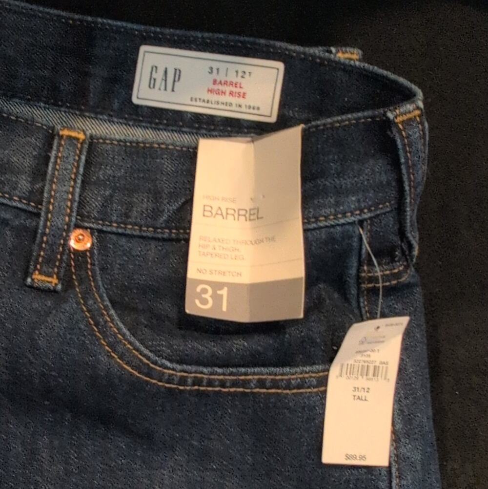 GAP Women’s High Rise Barrel Blue Denim Jeans Tall Logo Accents